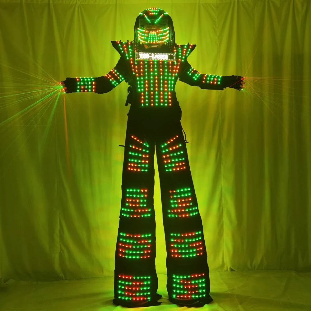 LED Robot Costume Clothes Full Color Chest Display White Silver Leather Stilt Walking Luminous Suit Jacket Laser Glove Helmet