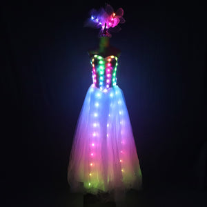 Full Color Pixel LED Skirt Dreamy luminous Wedding Dress Wings Bodysuit Women Singer Stage Costume Party Show Dancer Performance