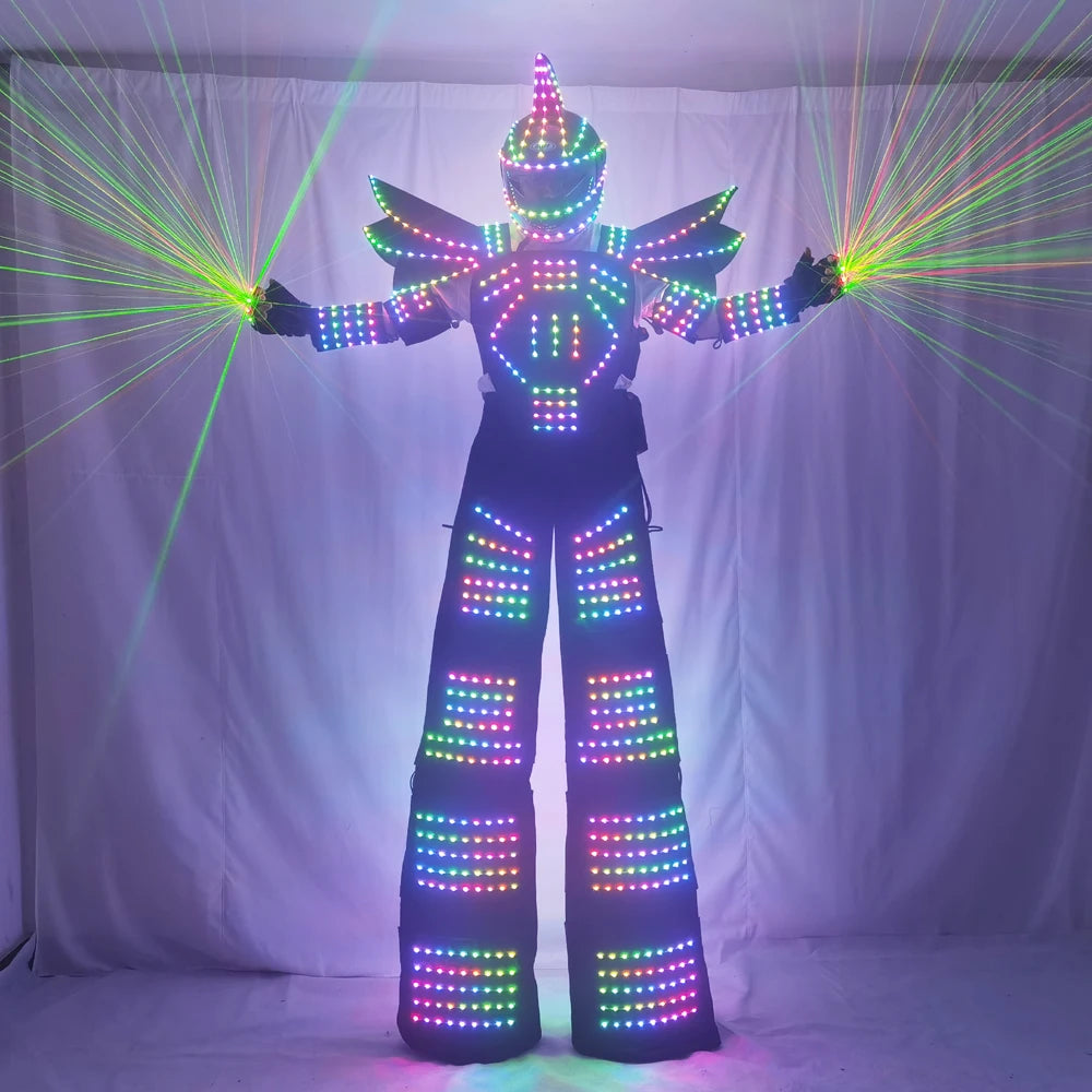 Full Color Pixel LED Robot Costume Clothes Stilts Walker Costume LED Suit Costume Helmet Laser Gloves CO2 Gun Jet Machine