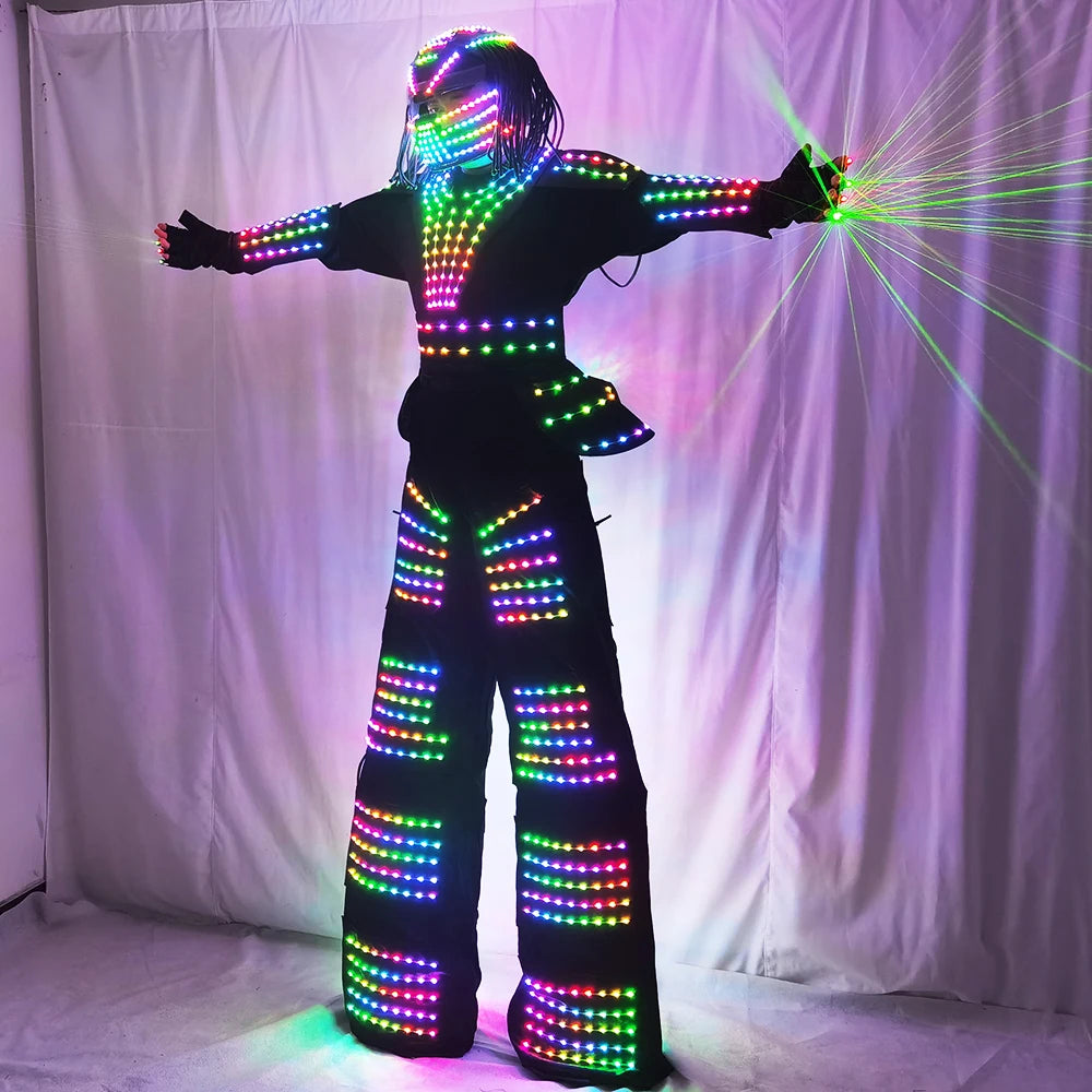 LED Robot Costume David Guetta Suit Silver White Leather Stilts Walker Costume with Laser Gloves Helmet Amosphere Prop