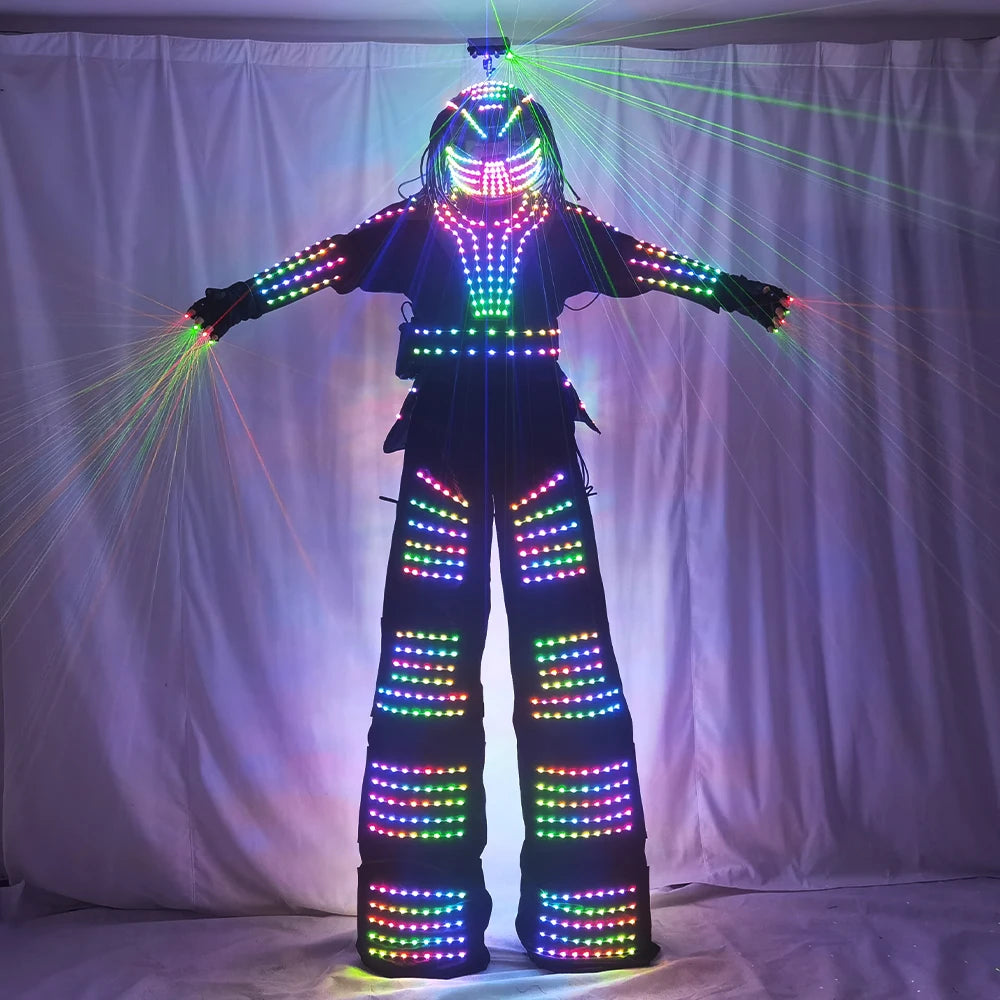 LED Robot Costume David Guetta Suit Silver White Leather Stilts Walker Costume with Laser Gloves Helmet Amosphere Prop