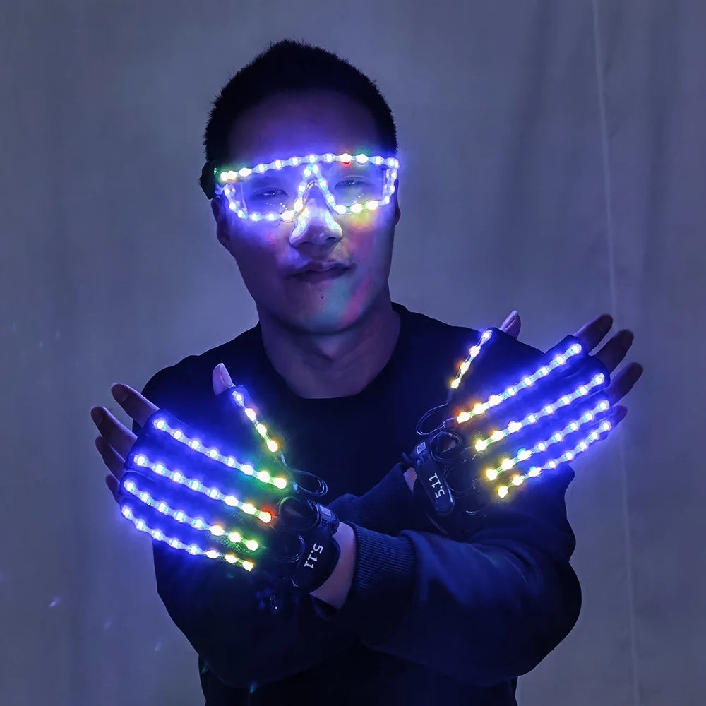 LED Gloves Glowing Glasses Light Up Glasses Rave Costume Decor DJ Dance Performances Luminous Props Halloween Decorati