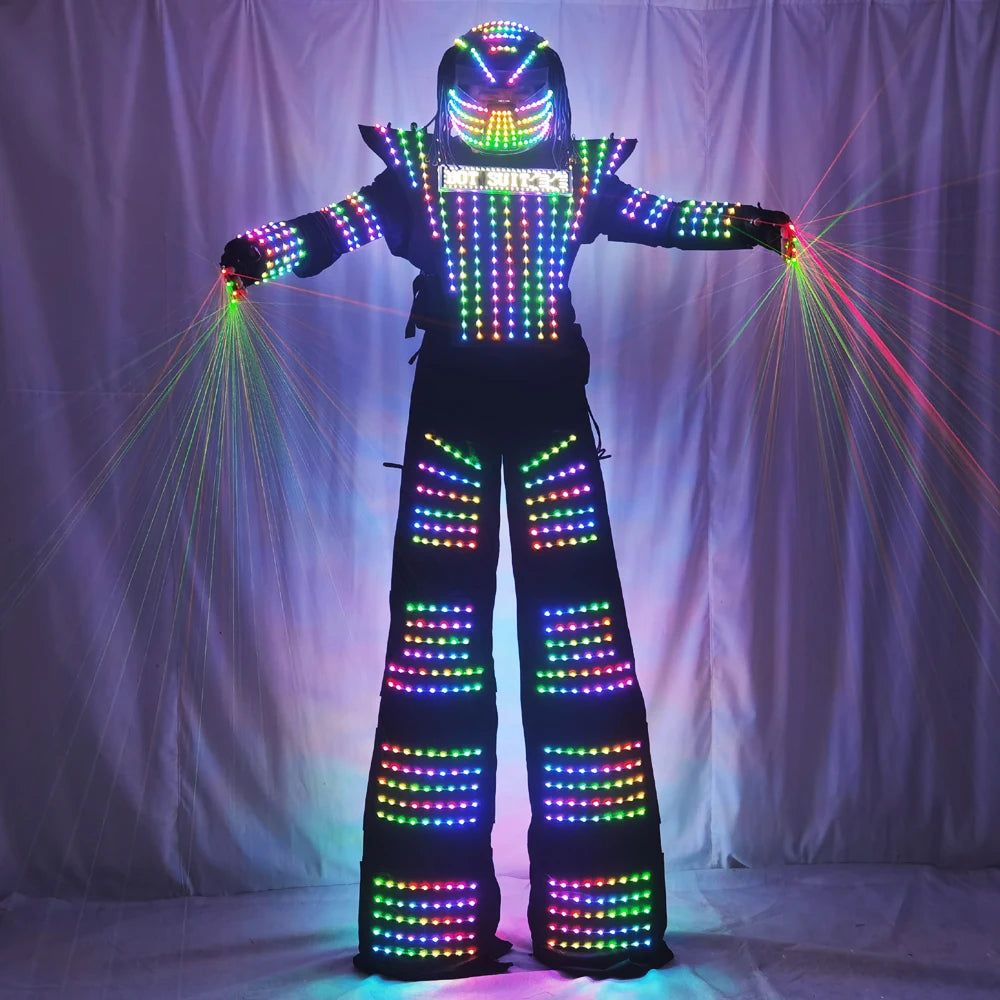 LED Robot Costume Clothes Full Color Chest Display White Silver Leather Stilt Walking Luminous Suit Jacket Laser Glove Helmet