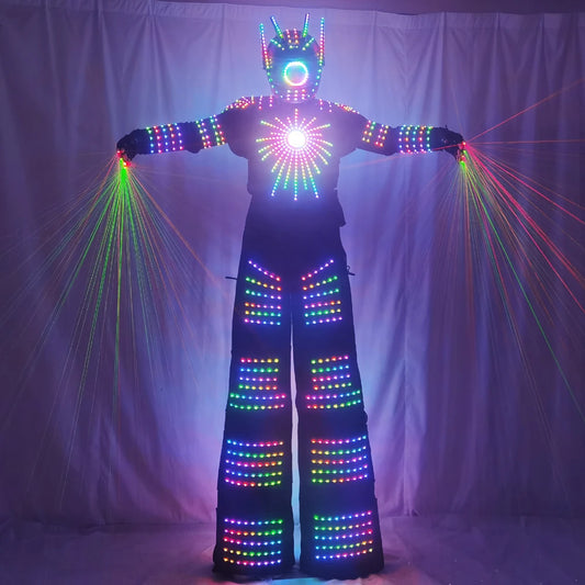 Traje de Robot LED Pixel, zancos iluminados, disfraz de caminante, David Guetta, ropa luminosa de Color de baile, guantes láser, pistola de CO2, máquina de chorro 