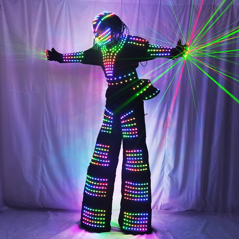 Disfraz de Robot LED traje de David Guetta zancos de cuero blanco plateado disfraz de caminante con guantes láser casco Amosphere Prop 