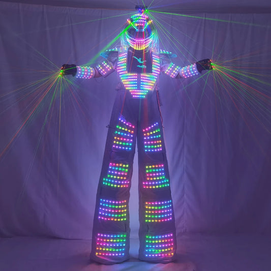 Traje de Robot LED de píxeles, ropa de disfraz, pantalla de pecho inteligente a todo Color, andador, casco con guante láser 