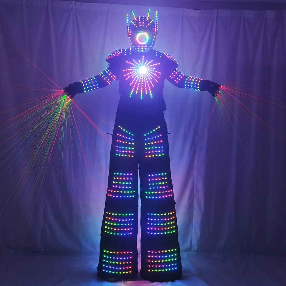 Traje de Robot LED Pixel, zancos iluminados, disfraz de caminante, David Guetta, ropa luminosa de Color de baile, guantes láser, pistola de CO2, máquina de chorro 