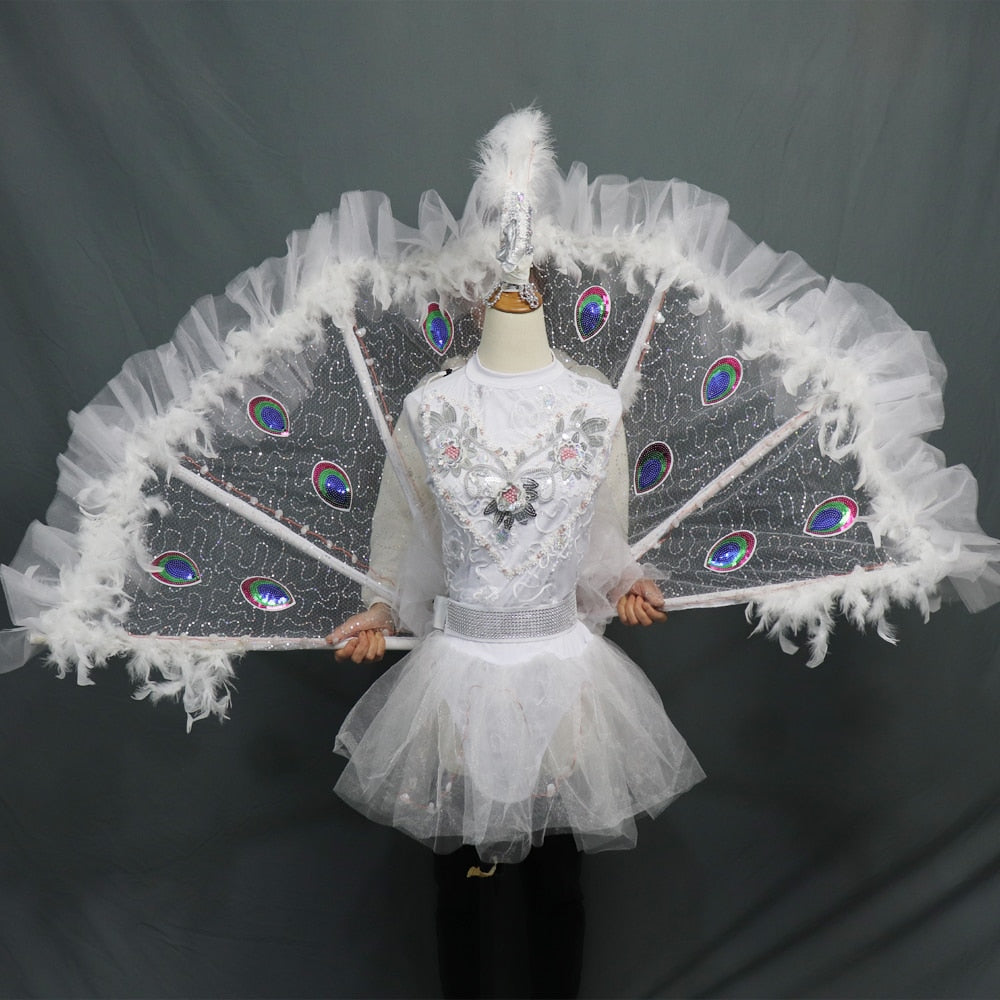 Full Color LED Peacock Wings Nightclub Catwalk Model Dance Party Stage Performance Wear Dress Women Girl Ballet Skirt