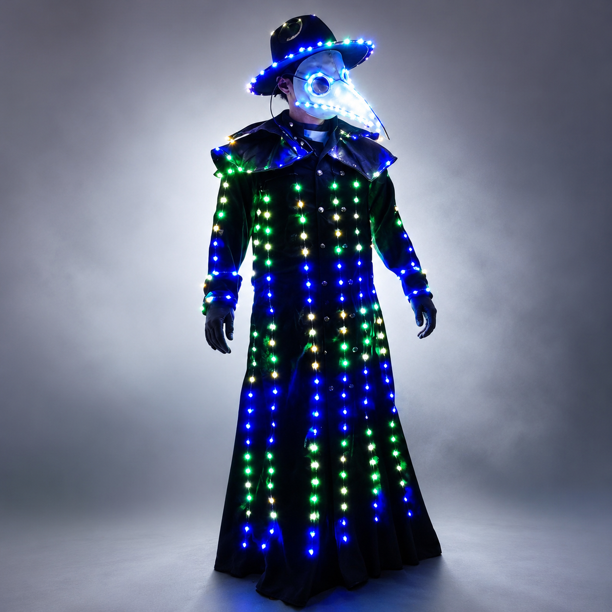 LED Light-up Plague Doctor Costume - Steampunk Crow Style with Glowing Mask