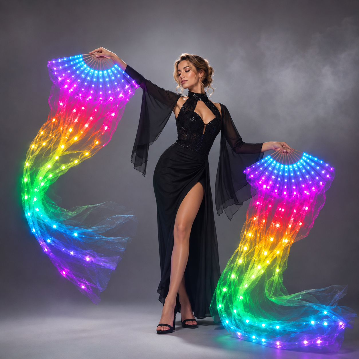 LED Belly Dance Silk Fan Veil Stage Performance Accessories Prop Light Bellydance LED Fans Shiny Rainbow