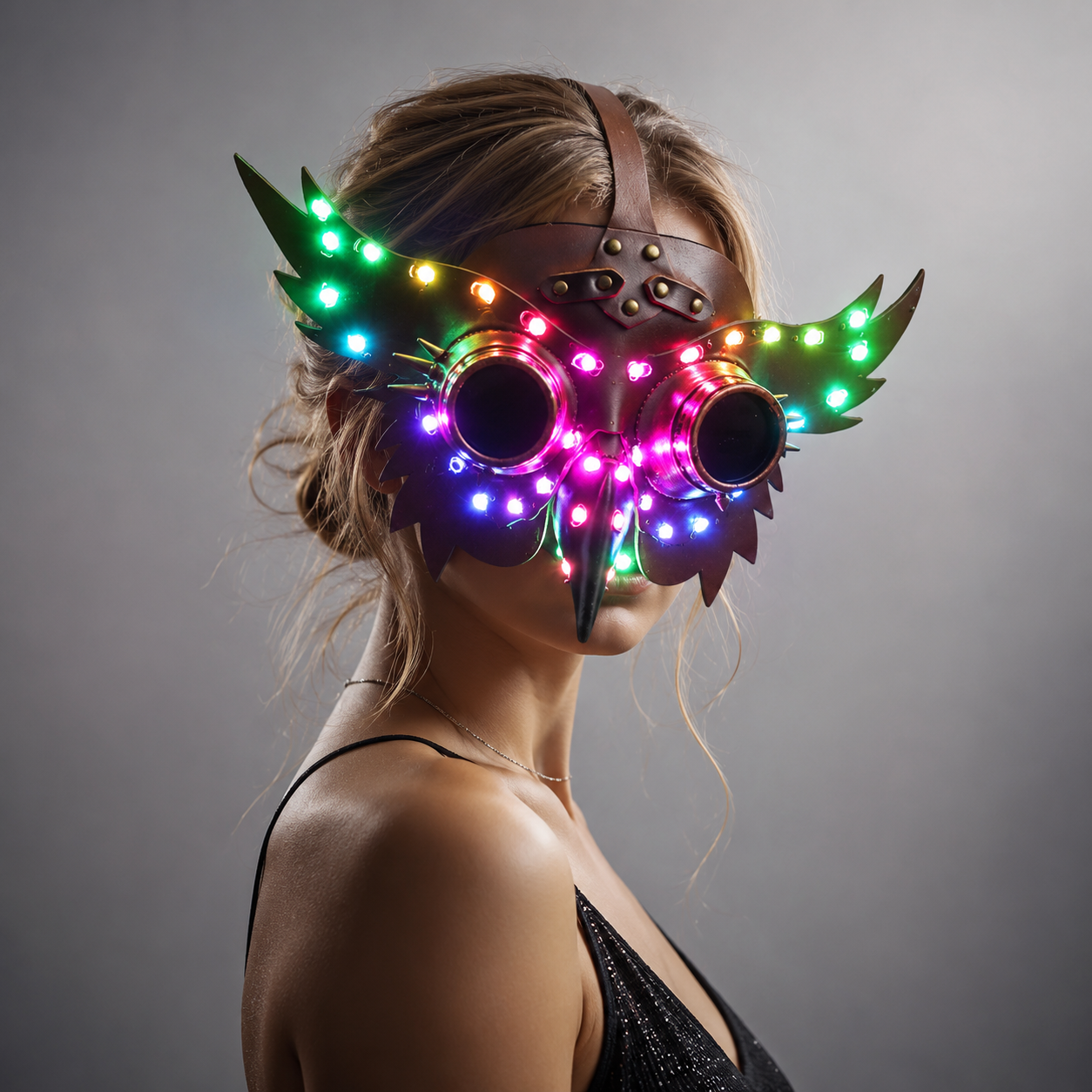 Full Color LED Luminous PU Leather Steampunk Mask Women Men Punk Wings Rivets Halloween Cosplay Gothic Mask Props