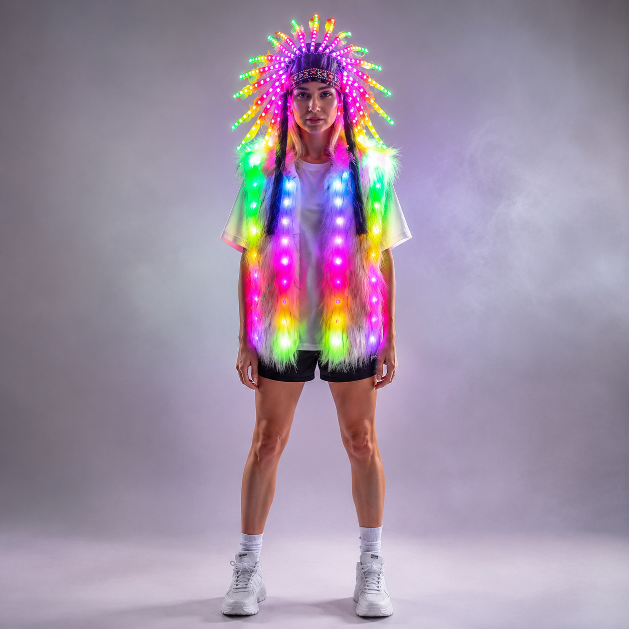 Full Color LED Light Up Faux Fur Vest Jacket with Indian Headdress & Hula Skirt