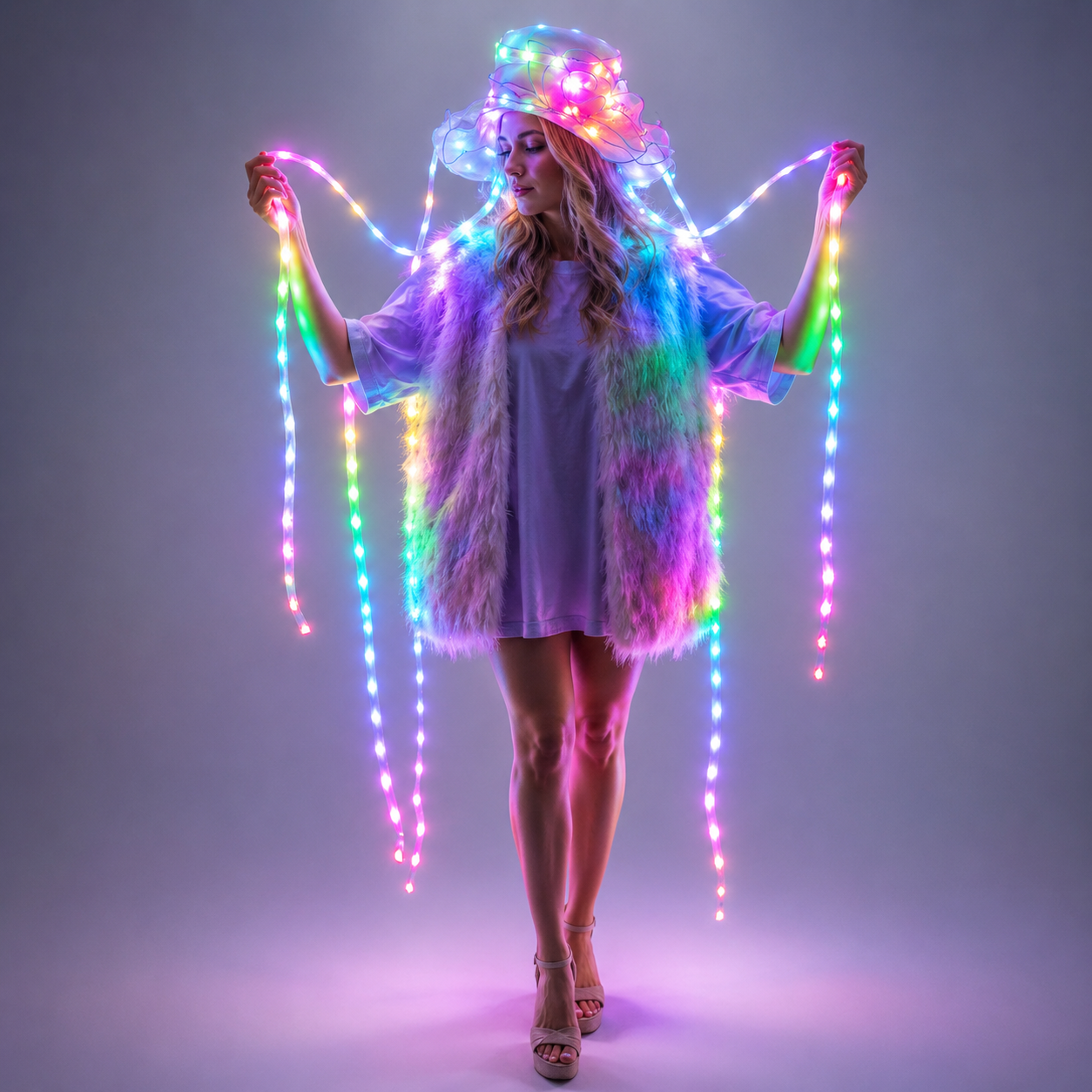 LED Jellyfish Hat Full Color Luminous Headwear Glowing Party Props