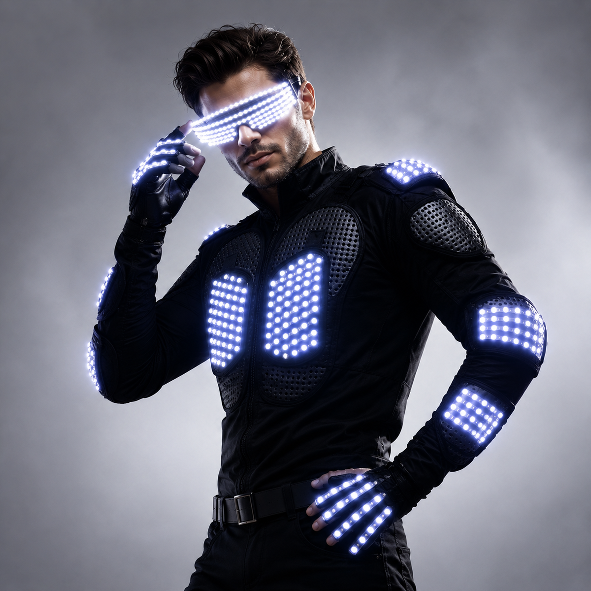 Fashion LED Light Up Jacket Costume with Armor, Gloves, and Glasses for LED Robot Suits