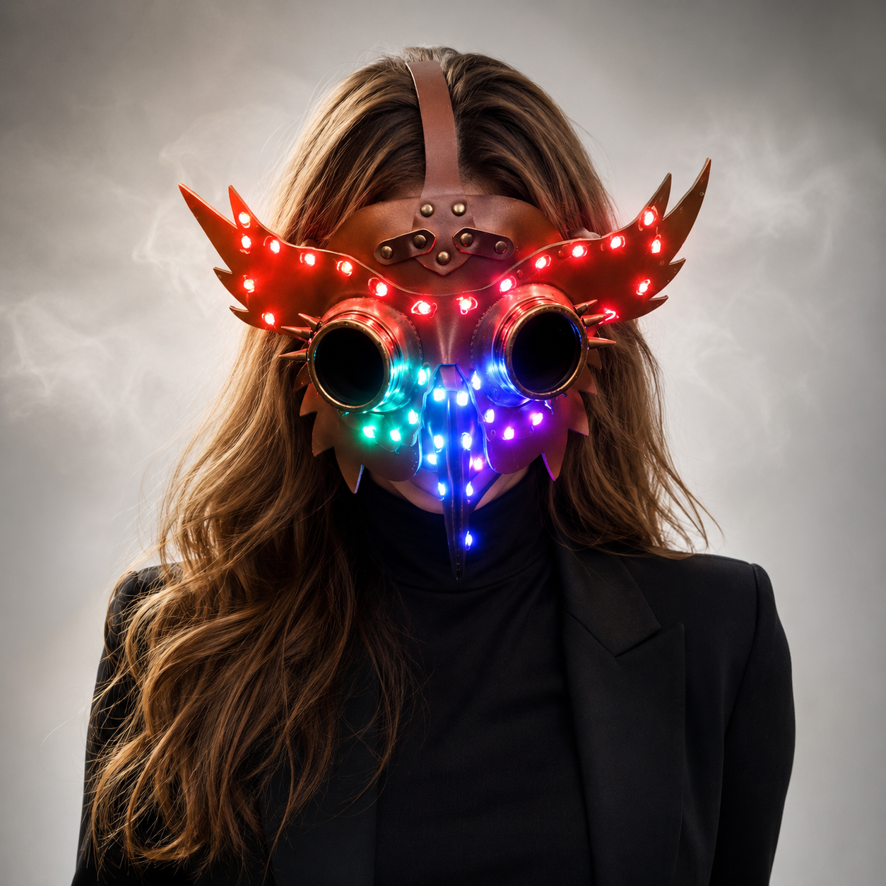 Full Color LED Luminous PU Leather Steampunk Mask Women Men Punk Wings Rivets Halloween Cosplay Gothic Mask Props