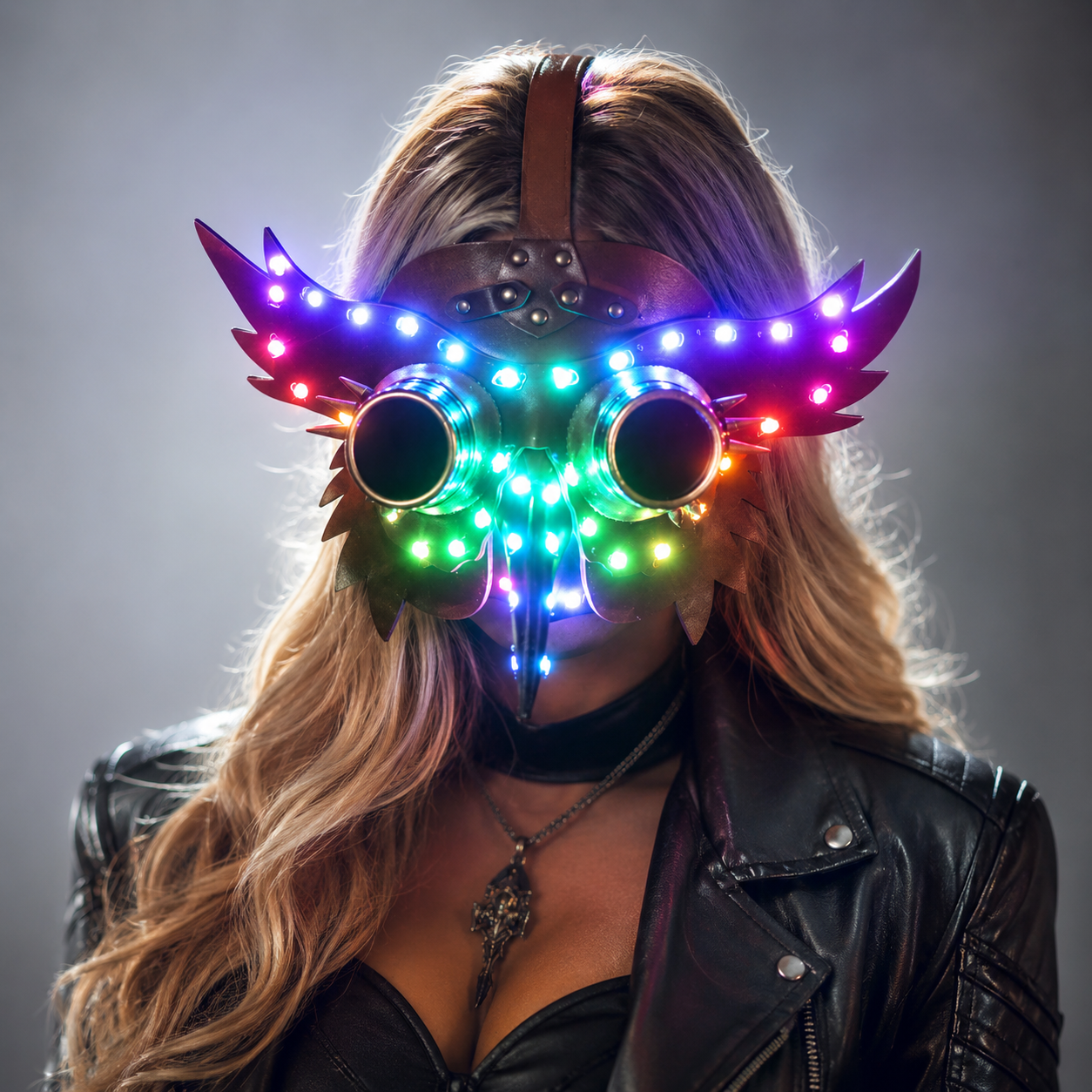Full Color LED Luminous PU Leather Steampunk Mask Women Men Punk Wings Rivets Halloween Cosplay Gothic Mask Props