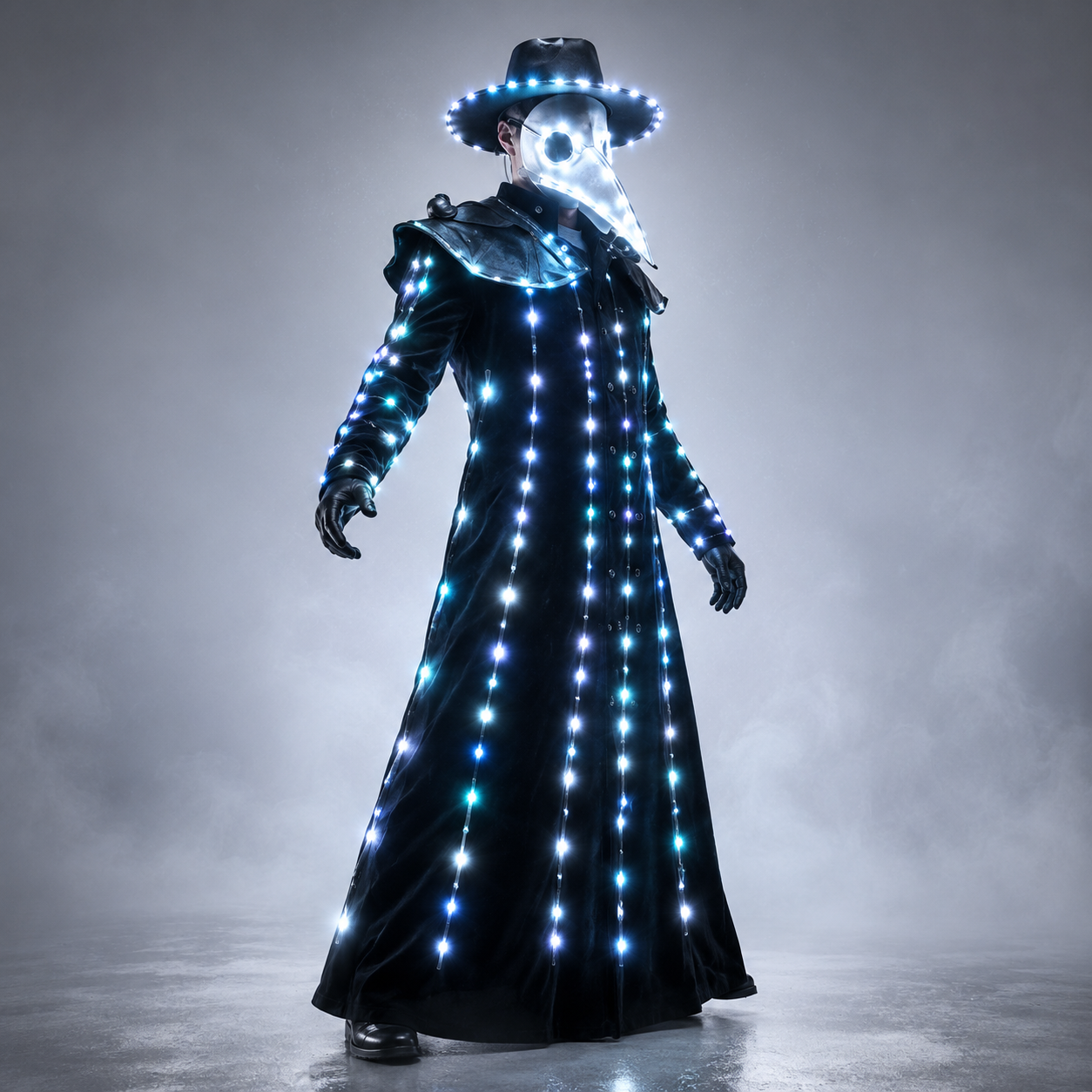 LED Light-up Plague Doctor Costume - Steampunk Crow Style with Glowing Mask