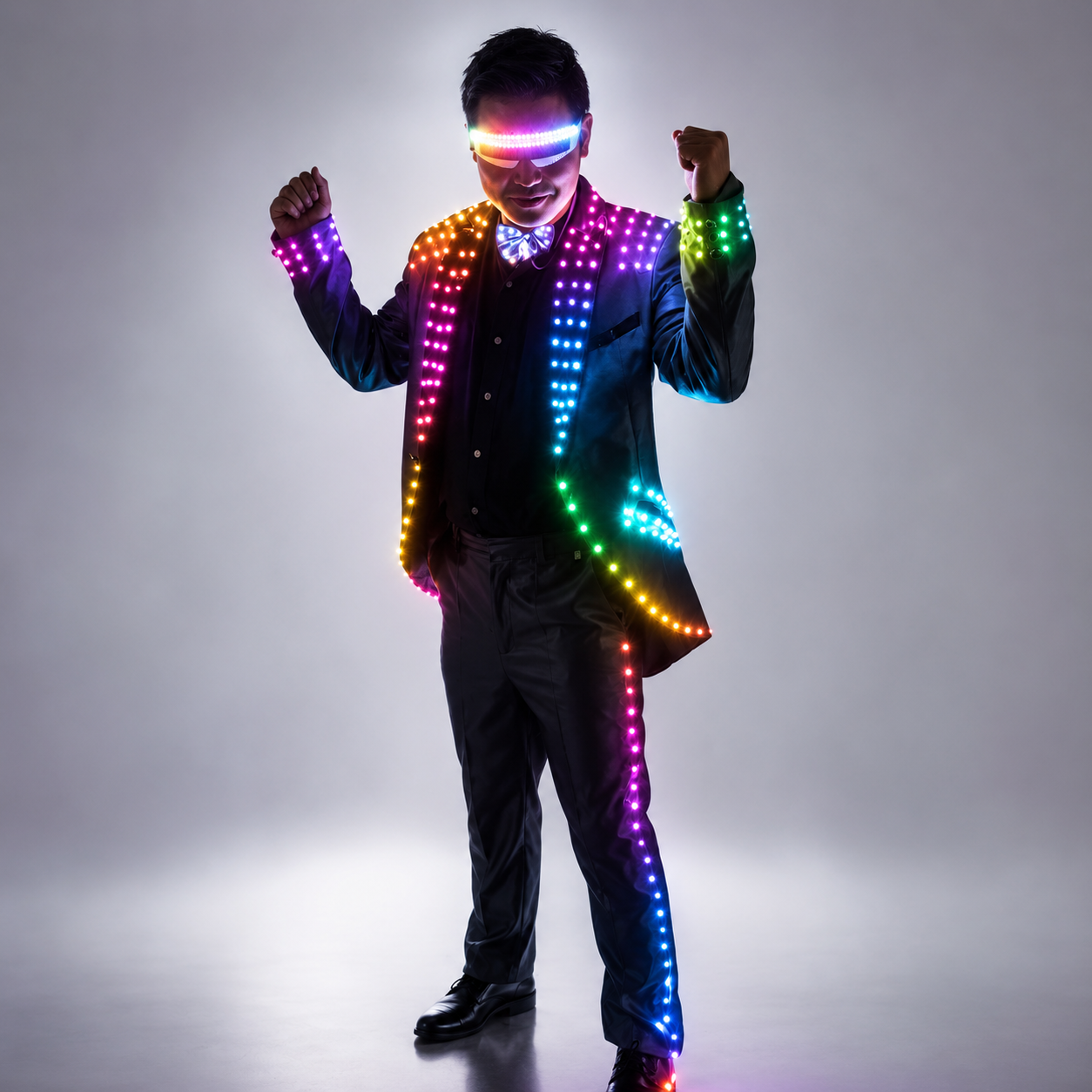 LED Tuxedo Costume with LED Glasses for Stage Dance and Ballroom Party Performance