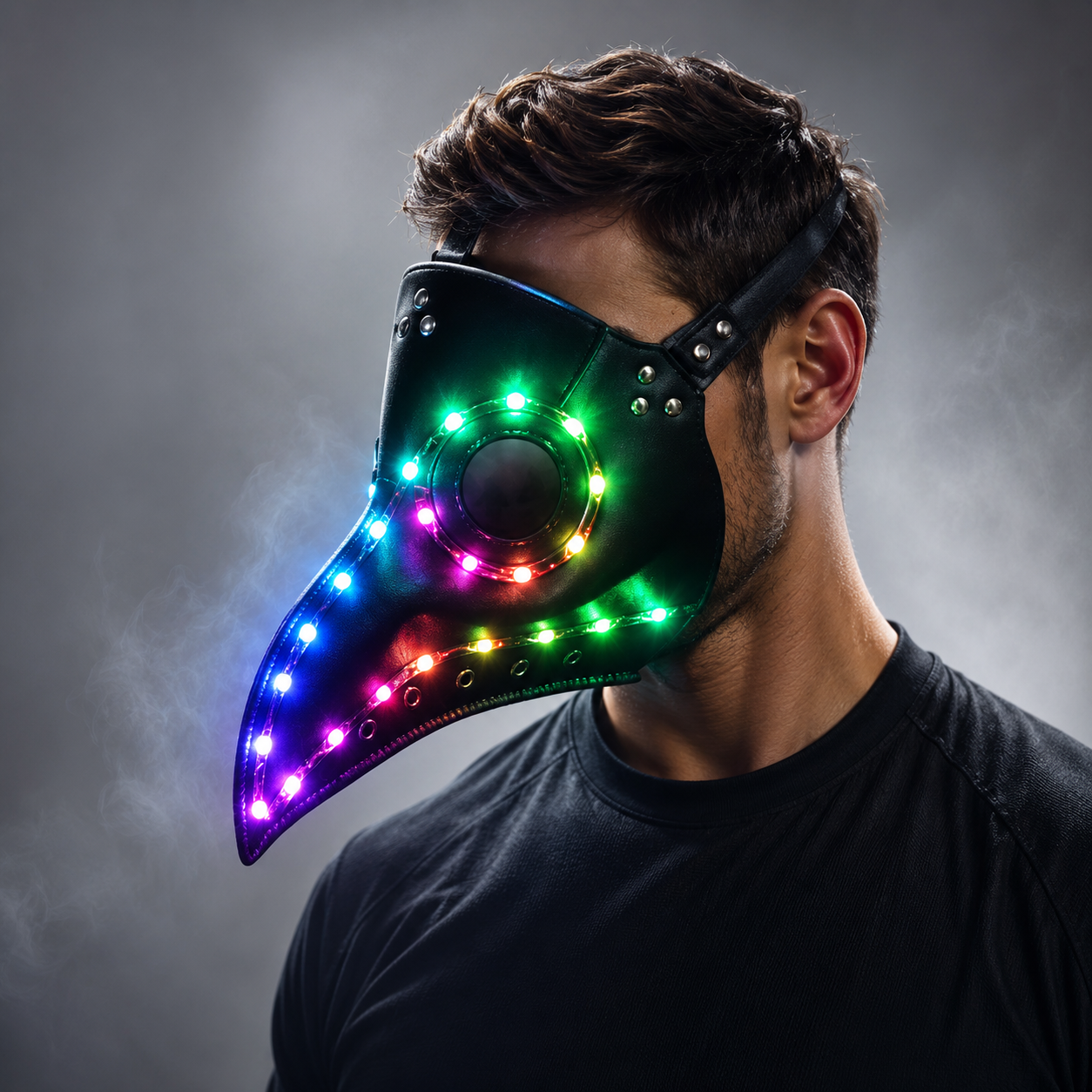 Halloween Gothic Black PU Beak LED Mask Steampunk Plague Doctor Retro Cool Bird Mouth Full Color Luminous Mask Masquerade Party