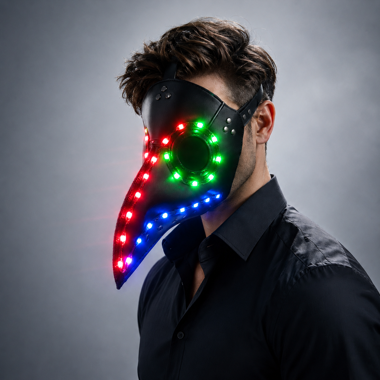 Halloween Gothic Black PU Beak LED Mask Steampunk Plague Doctor Retro Cool Bird Mouth Full Color Luminous Mask Masquerade Party