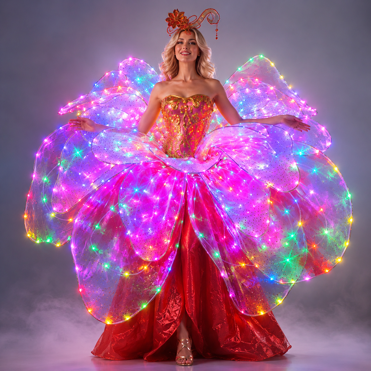 Full Color LED Petal Skirt Flower Opening Dance Big Swing Dress Modern Dance Performance Dress LED Robot Suit Blossom Long Dress