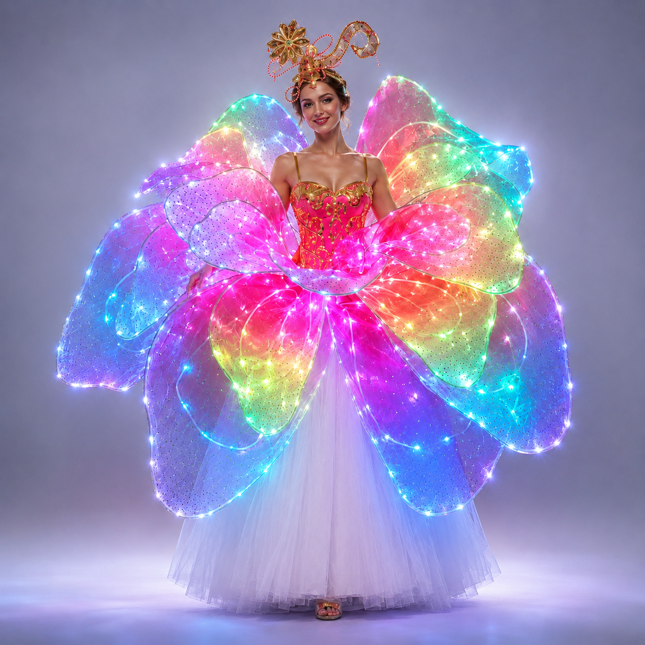 Full Color LED Petal Skirt Flower Opening Dance Big Swing Dress Modern Dance Performance Dress LED Robot Suit Blossom Long Dress
