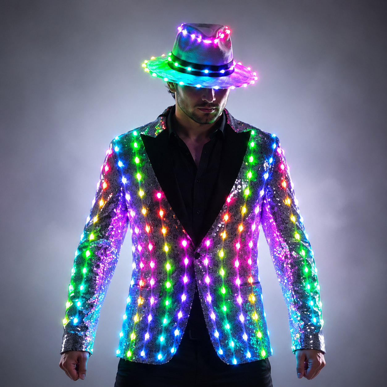 Lentejuelas LED a todo color, iluminación de moda, vestido de presentador mayor, baile, padrino, banquete, chaqueta de traje delgada