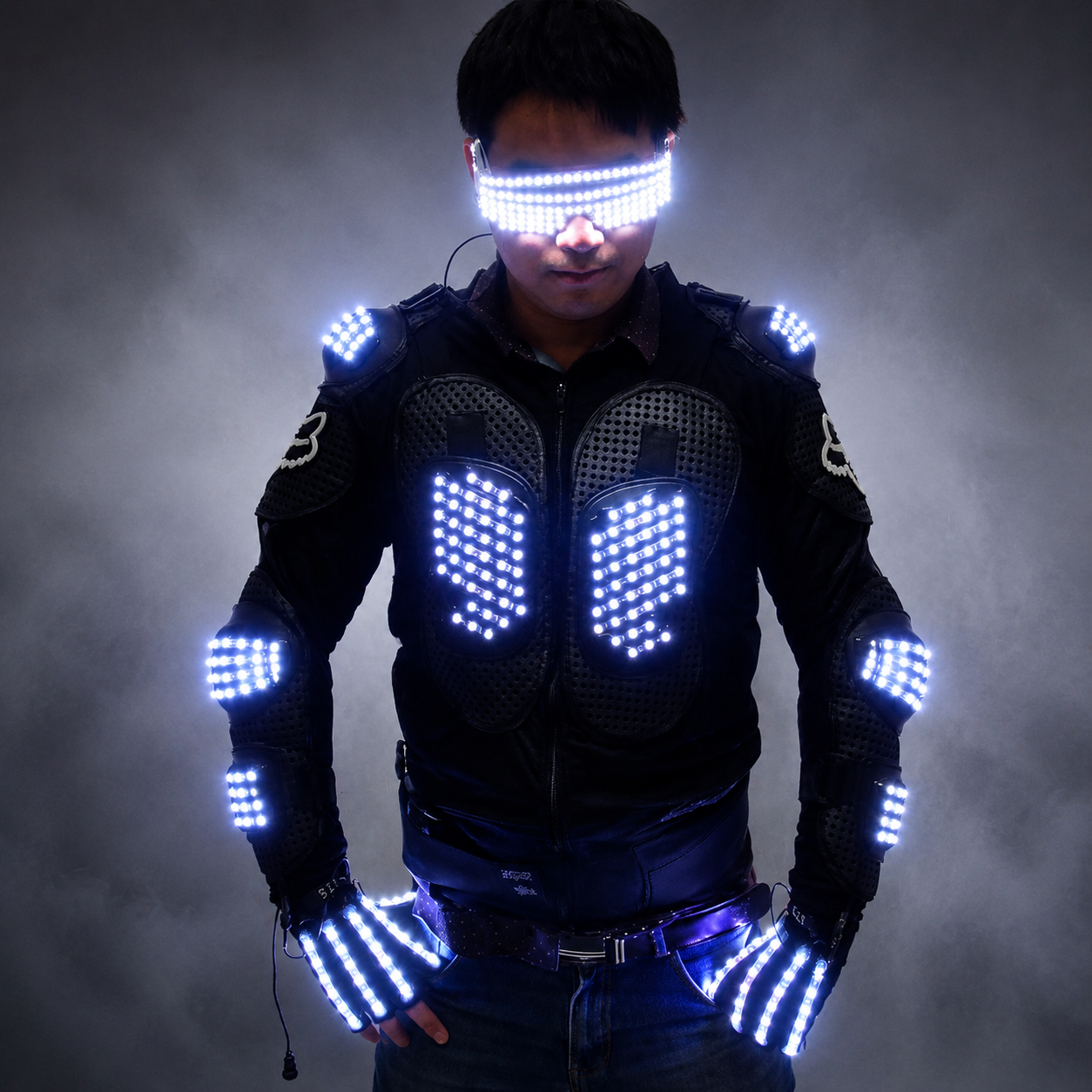 Fashion LED Light Up Jacket Costume with Armor, Gloves, and Glasses for LED Robot Suits