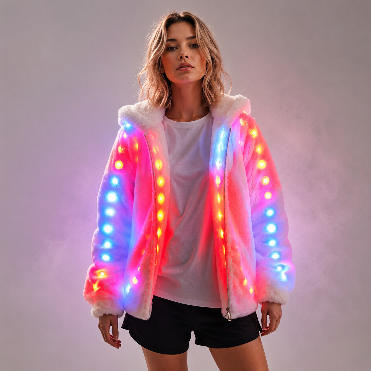 المرأة فو الفراء Led ضوء معطف عيد الميلاد ازياء تأثيري الفراء رقيق 6xl سترة أبلى الشتاء الدافئة مهرجان الطرف معطف