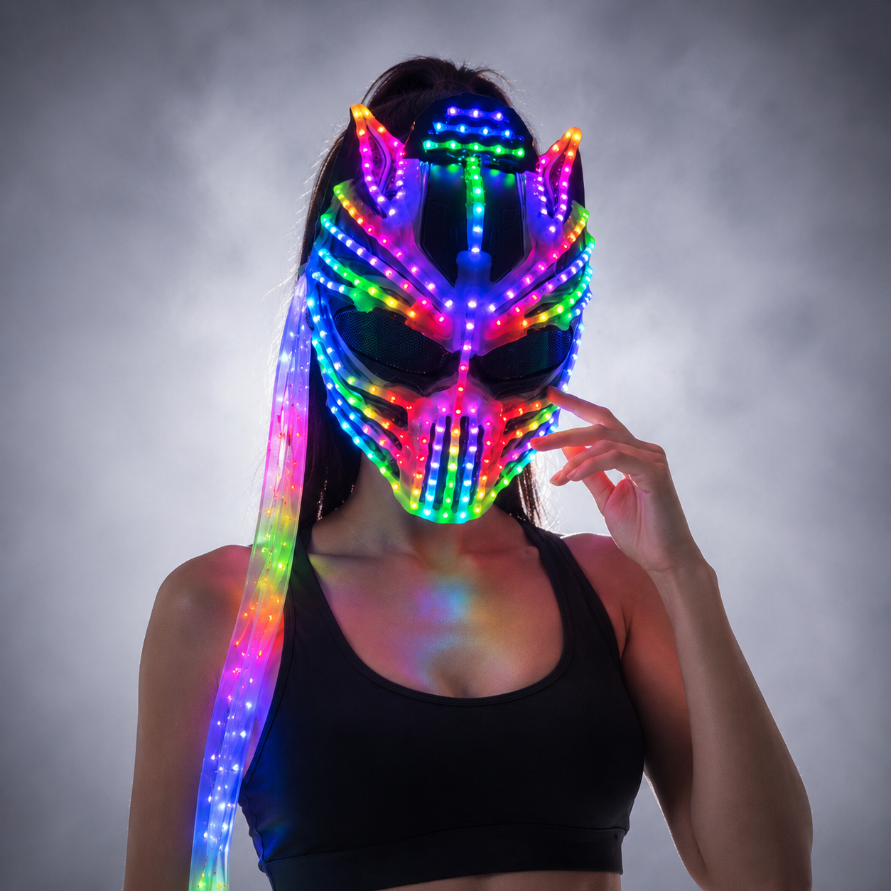 Female LED Helmet Monster Luminous Hat Light Illusion Cat Woman Black Panther Mask for Performance LED Robot Performance