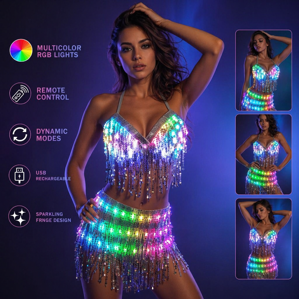 LED Glowing Bra and Shorts Set - Stylish Women's Luminous Suit with Belt, Tassel & Reflective Accessories