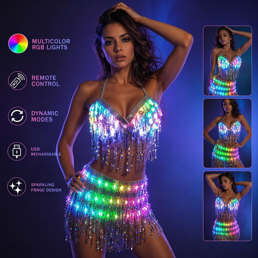 LED Glowing Bra and Shorts Set - Stylish Women's Luminous Suit with Belt, Tassel & Reflective Accessories