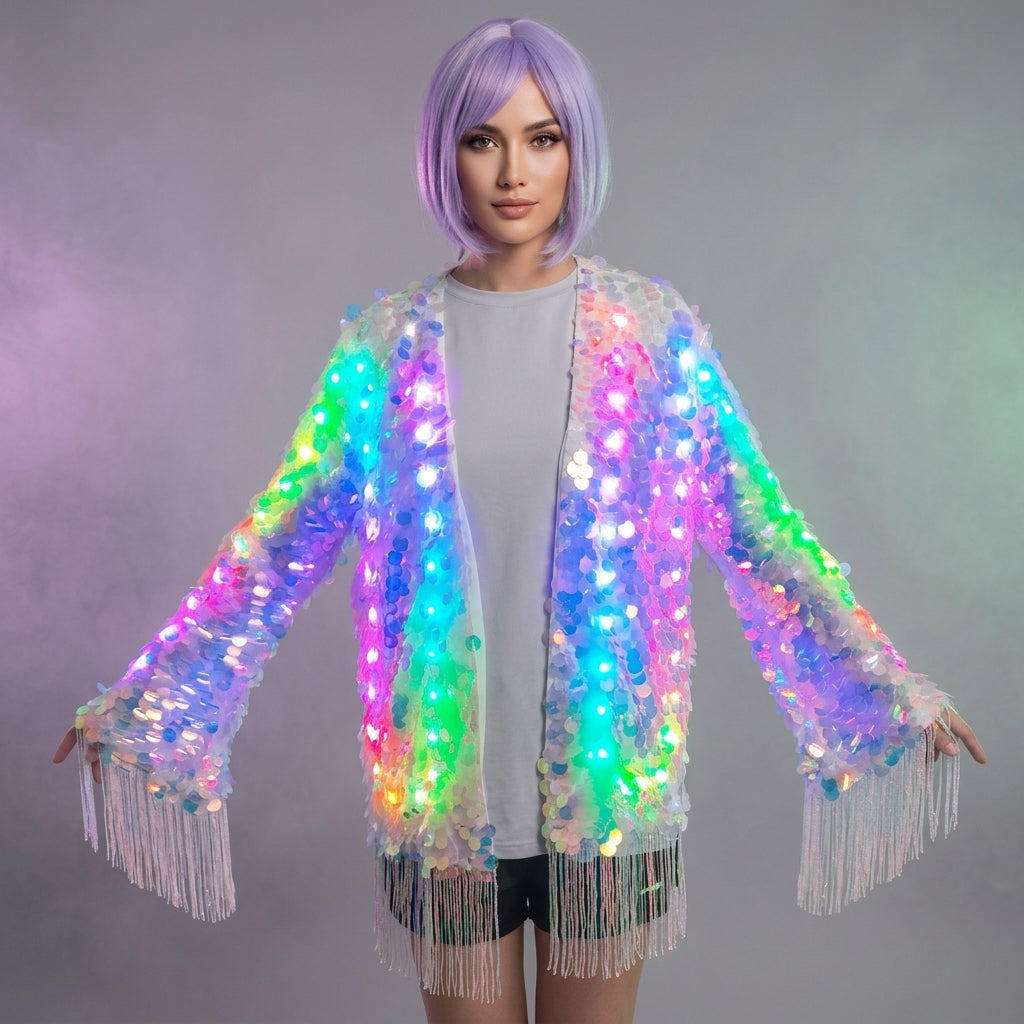 LED Full Color Sequin Tassel Belly Dance Costume Sparkly Performance Outfit