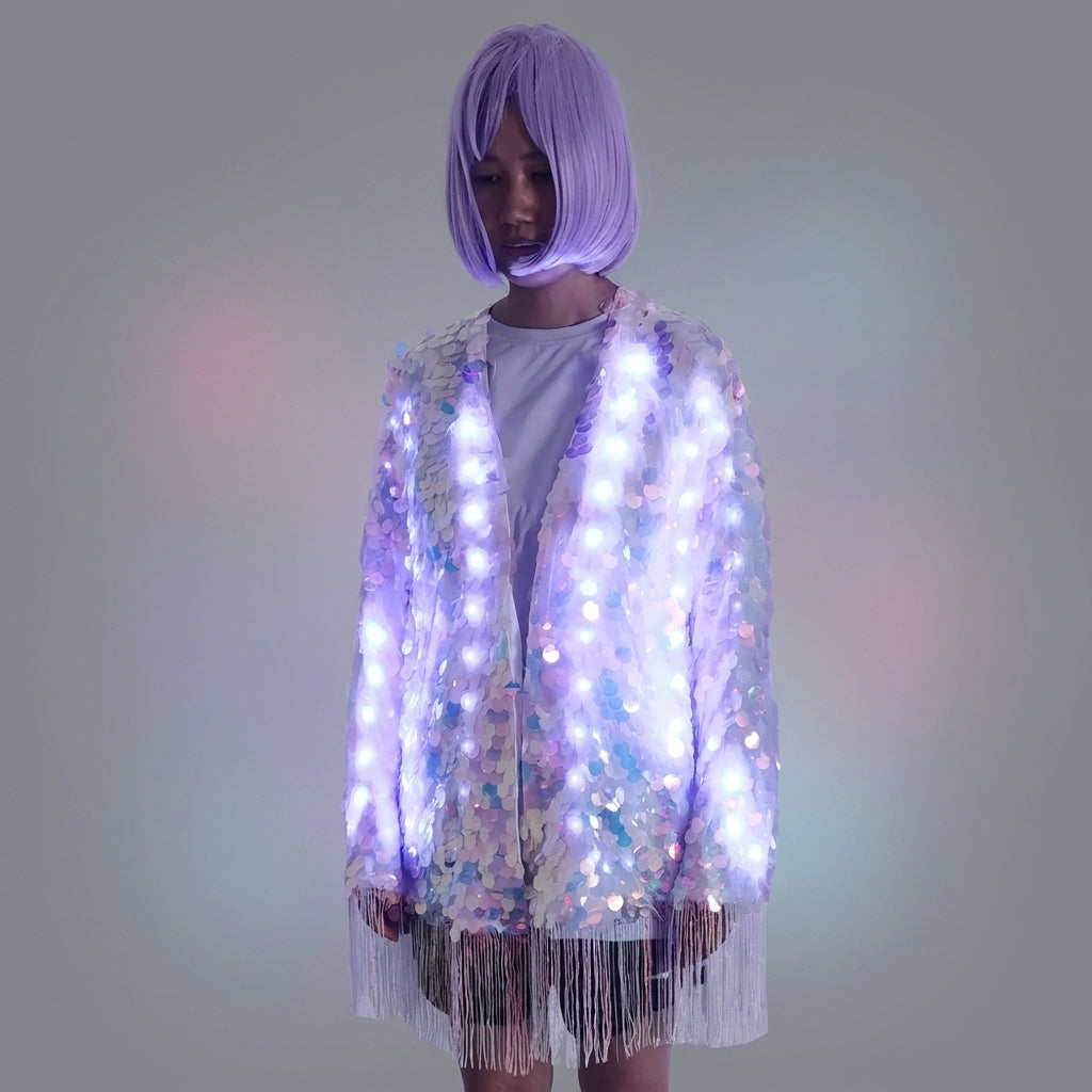 LED Full Color Sequin Tassel Belly Dance Costume Sparkly Performance Outfit