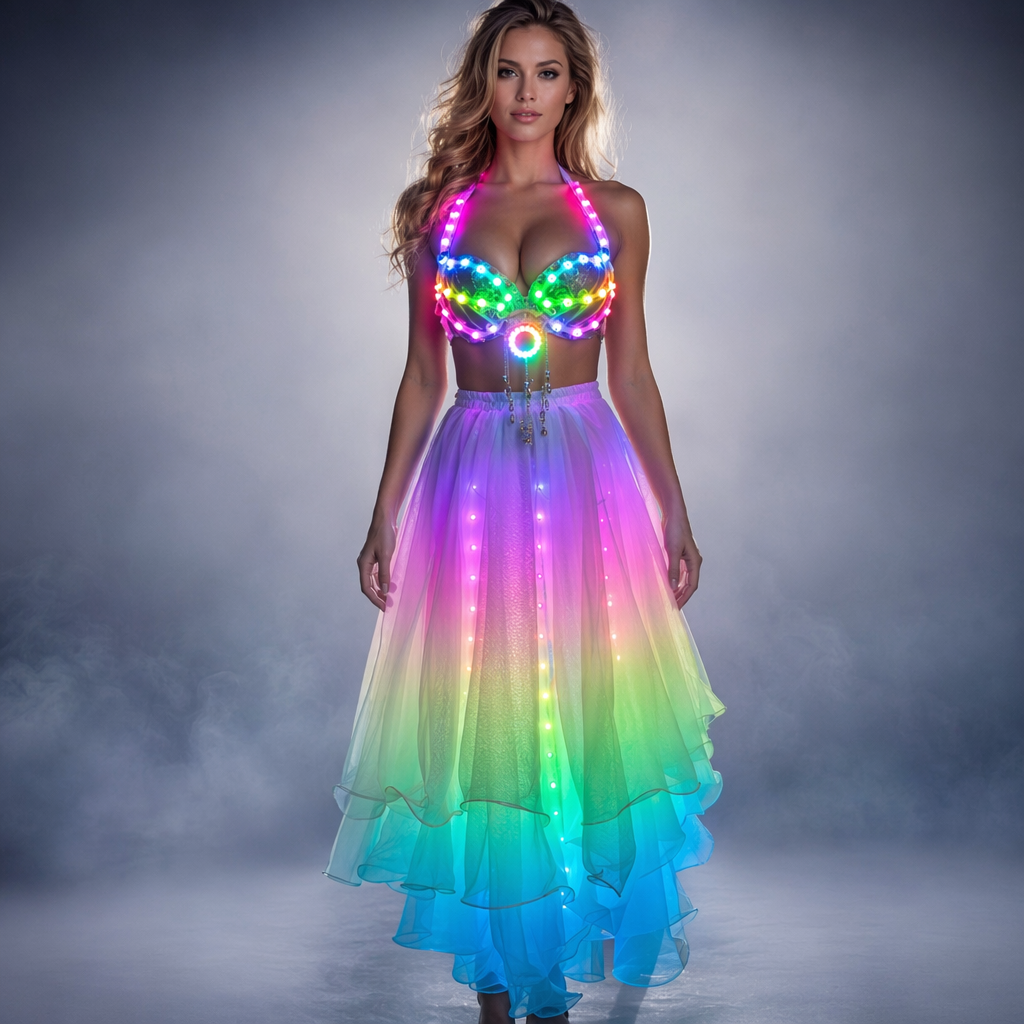 Women LED Belly Dance Split Skirt - Glowing Training & Performance Outfit