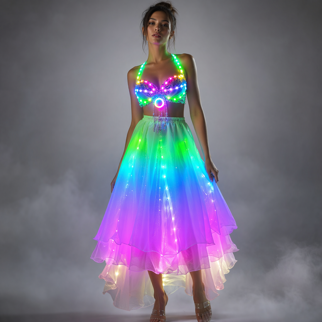 Women LED Belly Dance Split Skirt - Glowing Training & Performance Outfit