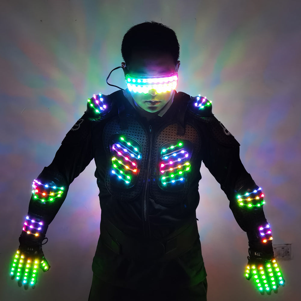 Trajes de armadura de luz colorida RGB Brillante Vestir Mostrar vestido Bar DJ MC Performance Robot Traje de hombre