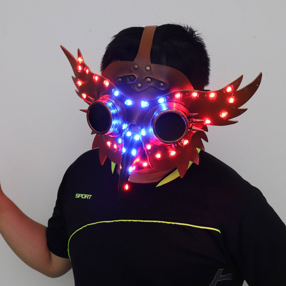 Full Color LED Luminous PU Leather Steampunk Mask Women Men Punk Wings Rivets Halloween Cosplay Gothic Mask Props