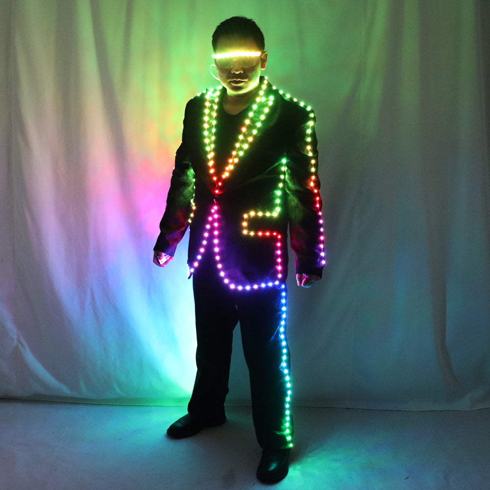 Full Color Pixel LED Lights Jacket Coat Stage Dance Costume Tron RGB Light Up Stage Suit Outfit