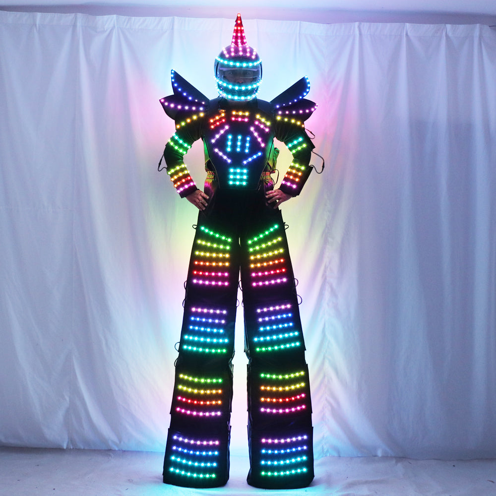 Traje de robot de píxel LED a todo color Ropa Zancos Traje de caminante Traje de traje LED Casco Guantes láser