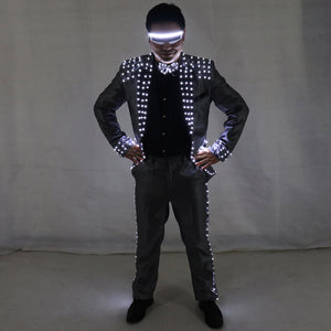 Led Tuxedo Stage Performance Ballroom Costumes Clothes Party Luminous Singer Dance Wear With Led Glasses