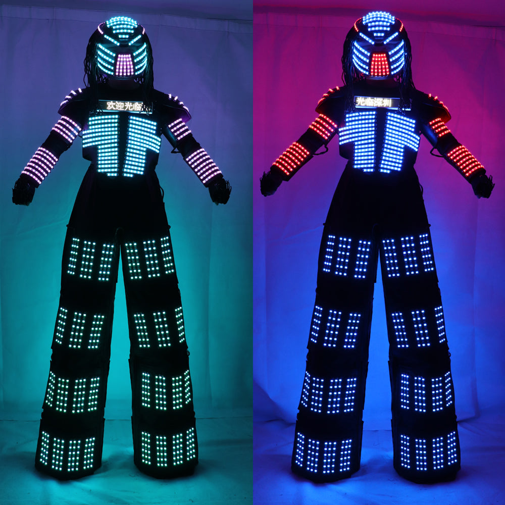 Costume luminoso colorato a LED RGB con casco a LED Abbigliamento LED Vestito da trampolo a led leggero Robot Kryoman David Guetta Robot Dance Wear