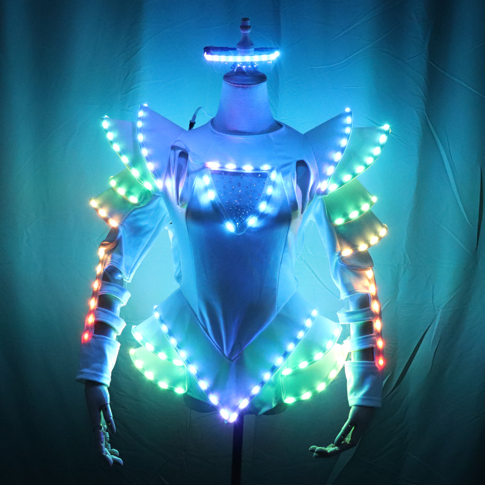 LED Female Warrior Suits Leuchtende Kostümanzüge Leichte Kleidung für Frauen Gesellschaftstanz Glühendes Kleid China Ladies Accessoires