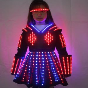 LED Roboter Anzug Kostüm Laserhandschuh Leinwand Mode Glühende Hochzeitskleid Kleidung Leuchtende Kopfbedeckung Kurzer Rock