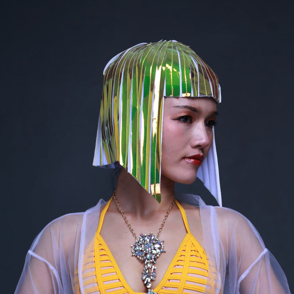 La barra de la peluca reflexiva chula del soldado de sombrero de futura peluca femenina espacial ropa de baile GOGÓ peluca del espejo de Wavehead personaliza colores