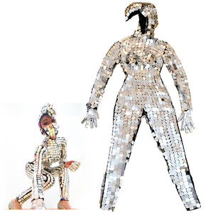 Sparkly Silver Sequins Femmes Combinaison Miroir Complet Leggings Prom Célébrer Tenue Performance Vêtements