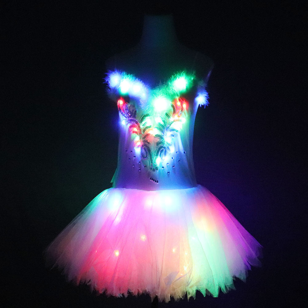 Classic Adult Camisole Strap Leather Ballet LED Skirt Tutu White Swan Lake LED Luminous Costume Light Up Luminous Clothes