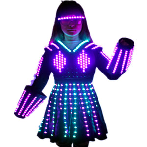 Mode de toile de gant de laser de costume de costume de robot MENÉE rougeoyant des vêtements de robe de mariée jupe courte Headwear lumineuse