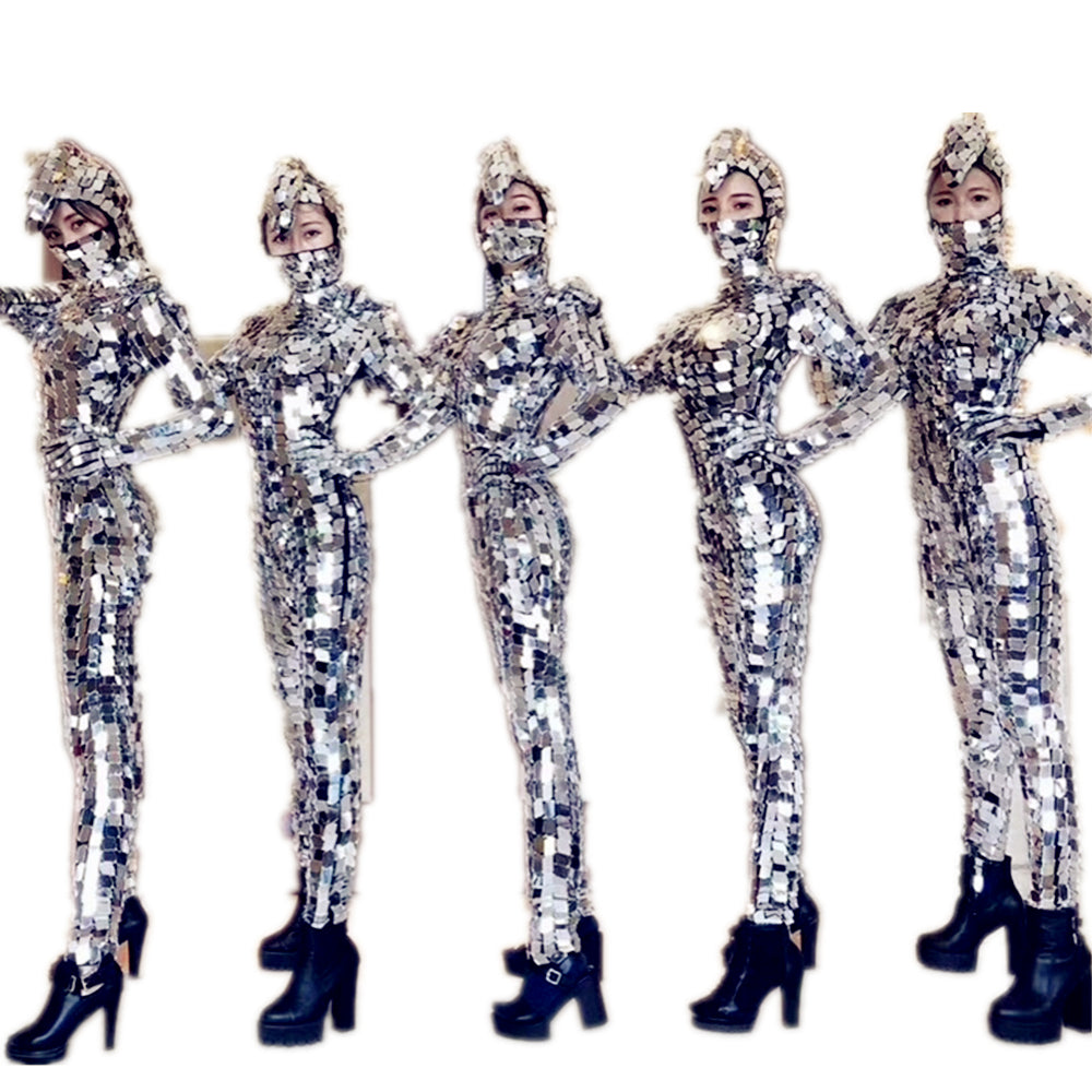 Sparkly Silver Sequins Women Jumpsuit Full Mirror Leggings Prom Celebrate Outfit Performance Clothes