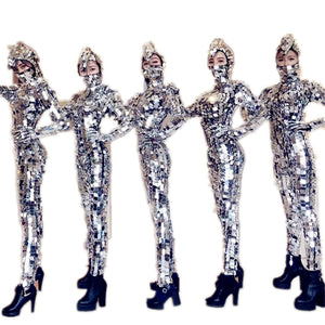 Sparkly Silver Sequins Femmes Combinaison Miroir Complet Leggings Prom Célébrer Tenue Performance Vêtements